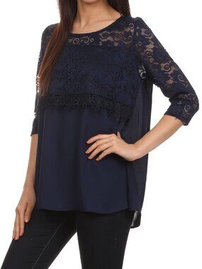 Blouse 3/4 Sleeve Round Neck lace trim - 50% Off!